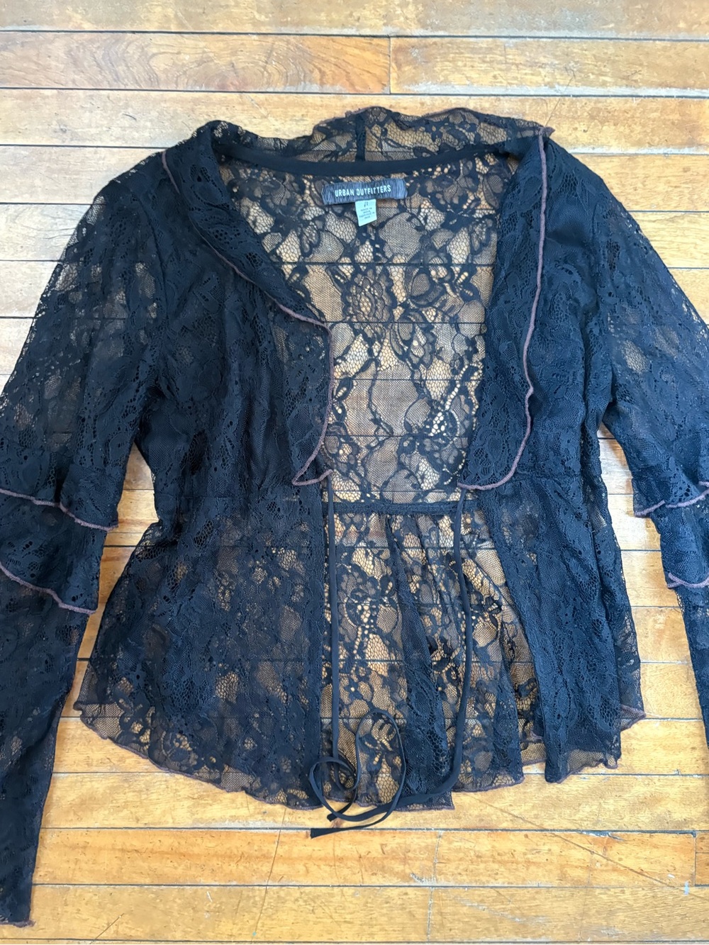 Urban Outfitters Black Lace Bell Sleeve Tie Front Top